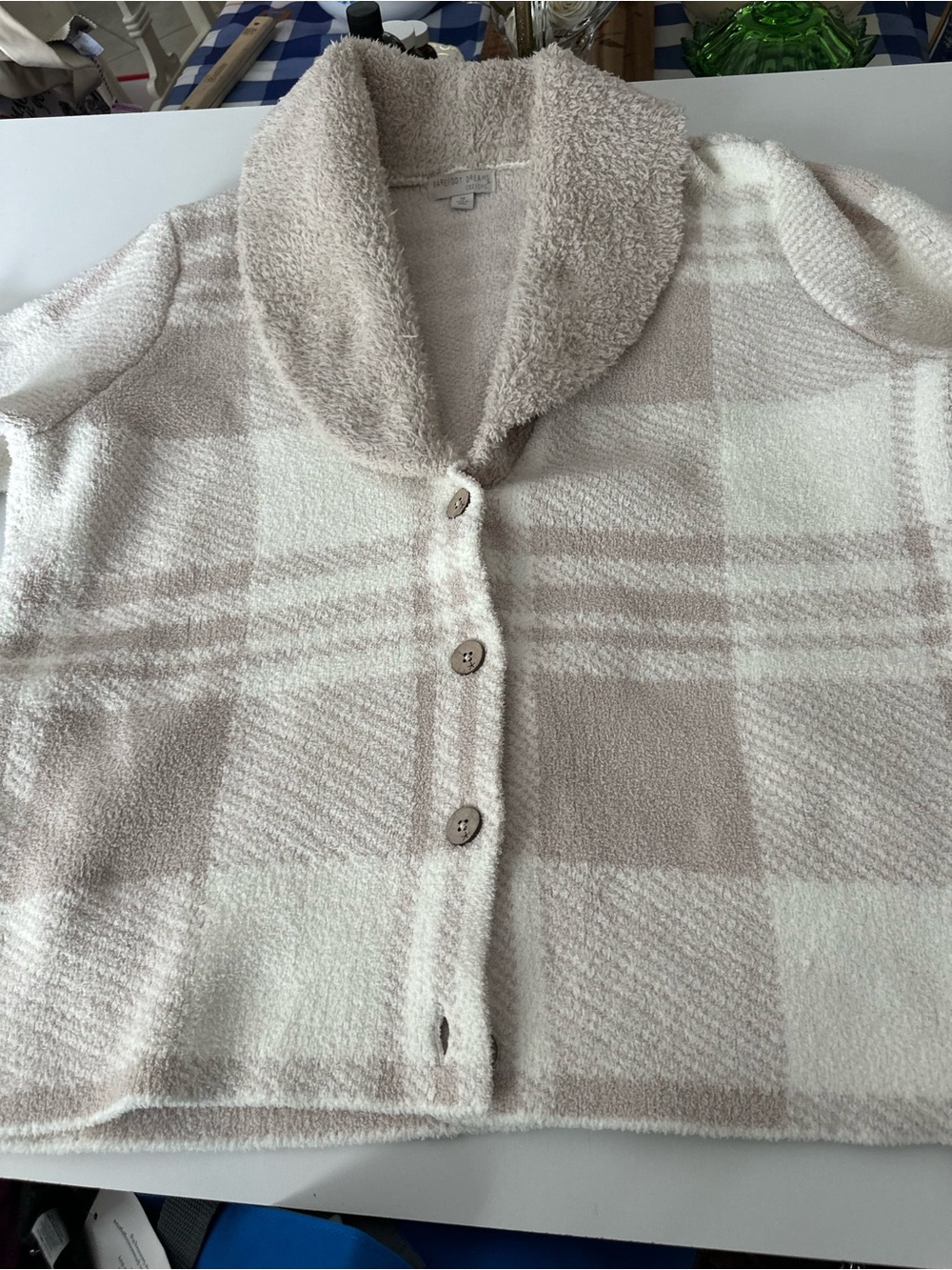 Barefoot Dreams Cream and Tan Plaid Cozy Button Cardigan